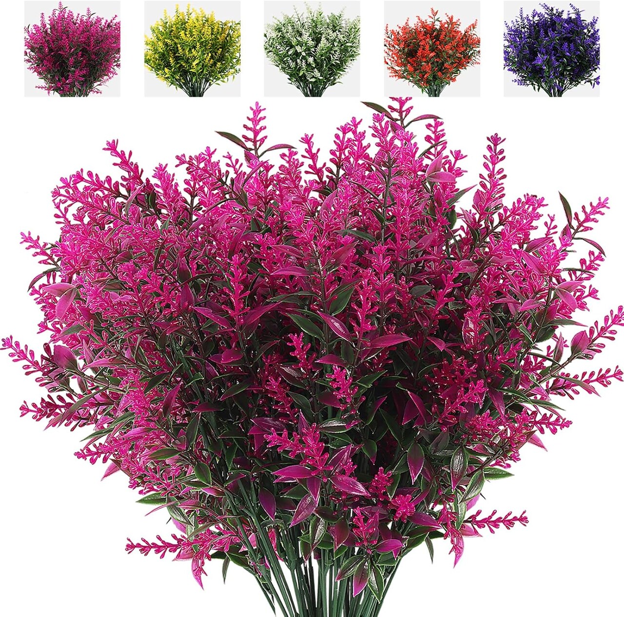 8-Bundle Artificial Outdoor Flowers – Faux Lavender and Fern Plants, UV-Resistant Plastic Shrubs for Indoor/Outdoor Hanging Decorations (Fuchsia)
